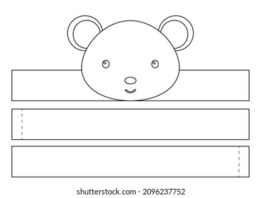 Printable mouse paper crown. Diy cut party ribbon template for birthday, christmas, baby shower. Fun accessory for entertainment. Print, color, cut and glue. Vector stock illustration.
