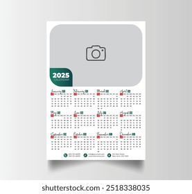 Calendario de pared del año Nuevo imprimible 2025, la semana comienza el domingo