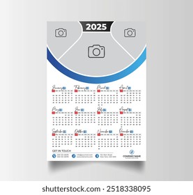 Printable New Year Wall Calendar 2025, Week Starts Sunday