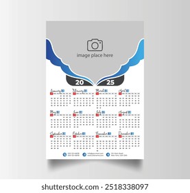 Printable New Year Wall Calendar 2025, Week Starts Sunday