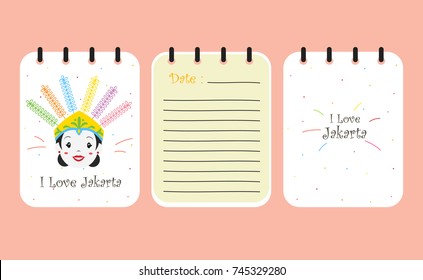 printable notebook template vector. Jakarta Indonesia female ondel - ondel cover design
