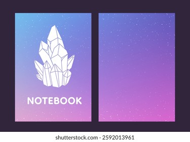 Printable Notepad Template. Cover for notebook, notepad with starry sky and crystal. Pattern in esoteric style