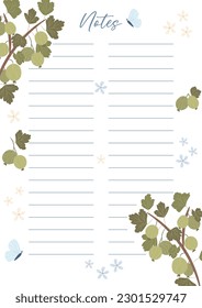 Printable notes concept with green gooseberry plant illustration, vector