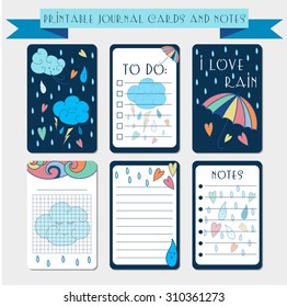 Printable notes, journal cards, labels, memo with hand drawn cloud, rain drops, umbrella and hearts. Template for scrap booking, notepad, diary. Vector autumn illustrations set. Color doodle theme.