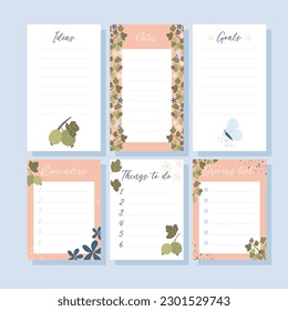 Printable notes set concept with green gooseberry plant illustration, vector