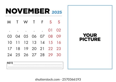 Printable November 2025 calendar featuring a space for your picture perfect for planning and personalization.