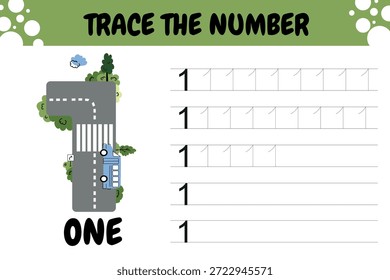 Printable Number 1 Tracing Worksheet features a road-themed illustration of the number one with a vehicle and trees to make learning more enjoyable.
