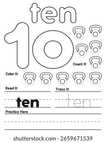 Hojas de trabajo imprimibles de seguimiento y conteo de números para niños: Páginas de actividades educativas de números 1 a 10 para preescolar y jardín de infantes.