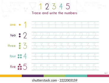 Hoja de trabajo de práctica de seguimiento de números imprimibles para niños de 1 a 5.