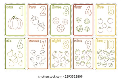 Números imprimibles tarjetas con verduras y frutas para el aprendizaje preescolar. Matemáticas para niños de 1 a 10 años. Tarjetas flash de recuento vectorial de estilo de dibujos animados. Colorido de la página. Vector