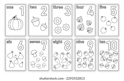 Gedruckte Zahlen flashcards mit Gemüse und Früchten für den Vorschulunterricht. Mathe für Kinder von 1 bis 10 Jahren. Cartoon Stil Vektoranzahl Flash Karten. Farbseite. Schwarz-Weiß. Vektorgrafik