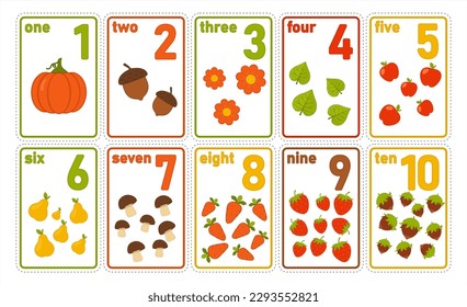 Printable numbers flashcards with vegetables and fruits for preschool learning. Math for kids from 1 to 10. Cartoon style vector count flash cards. Vector