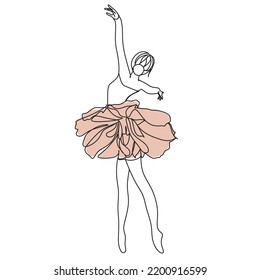 Printable one line ballerina drawing.  
Black and white ballerina vector art. Portrait .Continuous Line Drawing Of Girl Dancing Ballet.Concept Minimalism Style,One line  llustration .