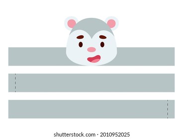 Printable opossum paper crown. Diy cut party ribbon template for birthday, christmas, baby shower. Fun accessory for entertainment. Print, cut and glue. Vector stock illustration.