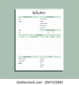 Printable order form tracker, invoice planner page