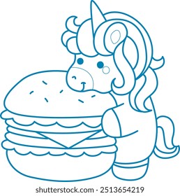 Printable outline Unicorn templates for coloring children's book.
Unicorn hugging a big burger