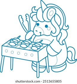 Printable outline Unicorn templates for coloring children's book.
Unicorn cooking a barbecue or BBQ