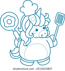 Printable outline Unicorn templates for coloring children's book.
Unicorn wearing chef hat and bring a egg pan and spatula