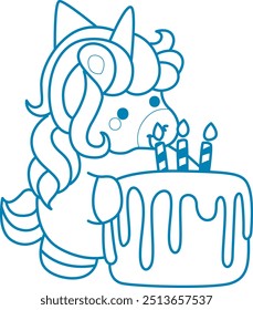 Esquema imprimible Unicornio Plantillas para colorear libro infantil.
Unicornio trae un pastel de cumpleaños con velas