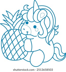 Printable outline Unicorn templates for coloring children's book.
Unicorn bring a big pineapple