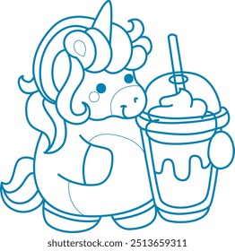 Modelo de esboço imprimível Unicorn para colorir livro infantil.
Unicórnio trazer um milkshake