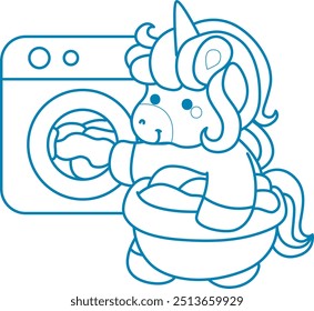 Printable outline Unicorn templates for coloring children's book.
Unicorn washing a clothes wih washing machine