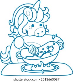 Printable outline Unicorn templates for coloring children's book.
Unicorn cooking a fried rice