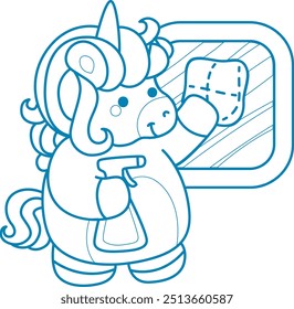 Printable outline Unicorn templates for coloring children's book.
Unicorn cleaning a window with wipe and spray