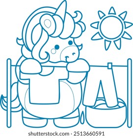 Printable outline Unicorn templates for coloring children's book.
Unicorn drying a clothes