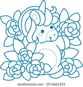 Printable outline Unicorn templates for coloring children's book.
Unicorn in the middle of rose garden