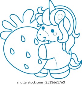 Printable outline Unicorn templates for coloring children's book.
Unicorn hugging a big strawberry