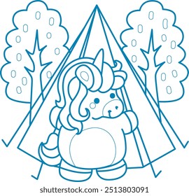 
Printable outline Unicorn templates for coloring children's book.
Unicorn camping in the forest and tent behind it