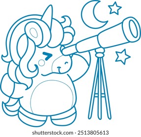 
Printable outline Unicorn templates for coloring children's book.
Unicorn see a moon and star with telescope