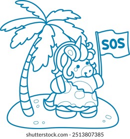 
Printable outline Unicorn templates for coloring children's book.
Unicorn lost in the island with SOS flag