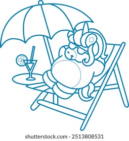 
Printable outline Unicorn templates for coloring children's book.
Unicorn relax in the beach with umbrella and orange juice