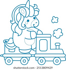 Printable outline Unicorn templates for coloring children's book.
Unicorn riding a train