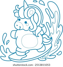 Printable outline Unicorn templates for coloring children's book.
Unicorn surfing in the sea