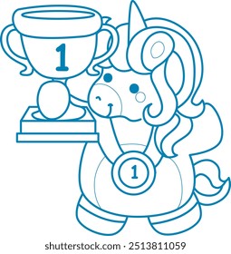 Printable outline Unicorn templates for coloring children's book.
Unicorn winner number 1 with cup and medal