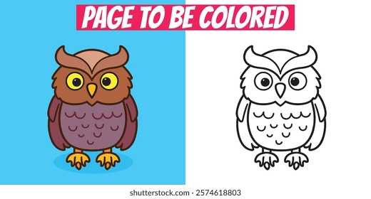 Printable owl coloring page with isolated line art and vibrant color version. Perfect for preschool, wildlife education, and doodle art books.