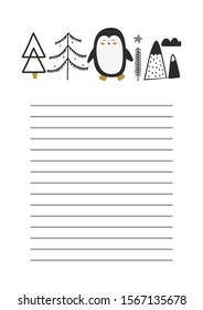 Printable page for notes, A4 format size, Scandinavian doodle trees 
