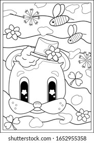 Printable page for preschool children coloring book. A4 sheet with cute kawaii bear in hat, bees and flowers. Teddy head. Vector illustration with adorable mascot. Vertical paper for kids hobby.