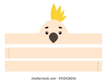 Printable parrot paper crown. Party headband die cut template for birthday, christmas, baby shower. Fun accessory for entertainment. Print, cut and glue. Vector stock illustration.