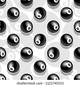 Printable pattern with billiards pool snooker 8 ball symbol. Vector illustration. Ideal for wallpaper, wrapper, packaging, fabric, textile, paper design and any kind of decoration.