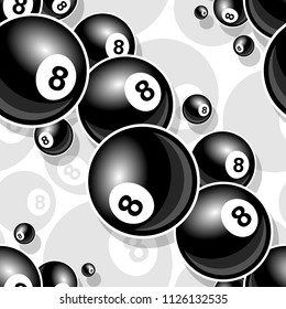 Printable pattern with billiards pool snooker 8 ball symbol. Vector illustration. Ideal for wallpaper, wrapper, packaging, fabric, textile, paper design and any kind of decoration.