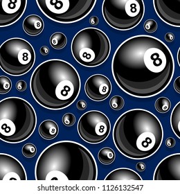 Printable pattern with billiards pool snooker 8 ball symbol. Vector illustration. Ideal for wallpaper, wrapper, packaging, fabric, textile, paper design and any kind of decoration.