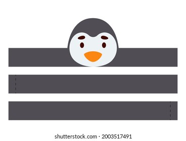 Printable penguin paper crown. Diy cut party ribbon template for birthday, christmas, baby shower. Fun accessory for entertainment. Print, cut and glue. Vector stock illustration.