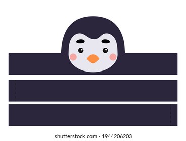 Printable penguin paper headband. Party crown die cut template for birthday, christmas, baby shower. Fun accessory for entertainment. Print, cut and glue. Vector stock illustration.