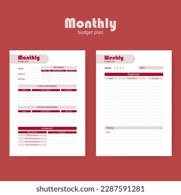 Printable personal monthly budget planner, vector illustration