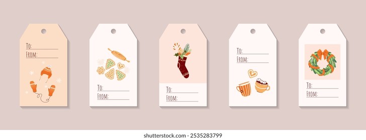 Printable personalized Merry Christmas labels or gift tags New Year holiday season typography design with with hat and mittens, door wreath, cookies, mugs of cocoa with marshmallows tea door wreath