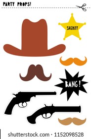 Printable Photo Booth Vector Props Set. Cowboy Party. 2 Guns, Hat, 3 Various Moustache, Comic Explosion Symbol And Sheriff Star. Western Theme. Do It Yourself Set.